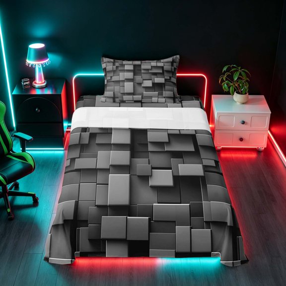 Manfei 3D Geometric Cubes Twin Sheets, Gray Checkered Bedding, Black Reversible 3pcs1 Flat Sheet + 1 Fitted Sheet + 1 Pillowcase