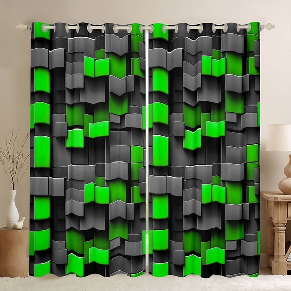 Manfei 3D Geometric Style Bright Green Gray Cube Blackout Curtains, 3D Geometric Style Bright Green Gray Cube Curtains Pack of 2 (42x84 Each), Multicolor