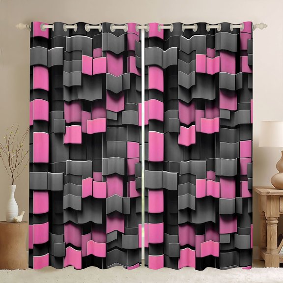 Manfei 3D Geometric Style Pink Gray Cube Blackout Curtains Set of 2 (52x84 Each), 3D Geometric Style Pink Gray Cube Curtain, Multicolor