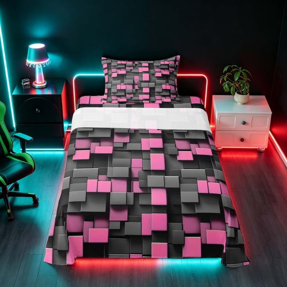 Manfei 3D Geometric Style Pink Gray Cube Twin Sheets, 3D Geometric Style Pink Gray Cube Bedding, Multicolor, Black Reversible 3-Piece1 Flat Sheet + 1 Fitted Sheet + 1 Pillowcase