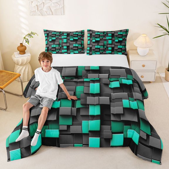 Manfei 3D Geometric Style Teal Gray Cube Full Size Comforter Sets, 3D Geometric Style Teal Gray Cube Bedding Comforter Set, Multicolor, Black Reversible 3 Pieces, 1 Comforter and 2 Pillowcases