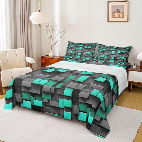 Manfei 3D Geometric Style Teal Gray Cube Queen Sheets, 3D Geometric Style Teal Gray Cube Queen Sheet Sets, Multicolor, Black Reversible 4 Pieces1 Flat Sheet + 1 Fitted Sheet + 2 Pillowcases