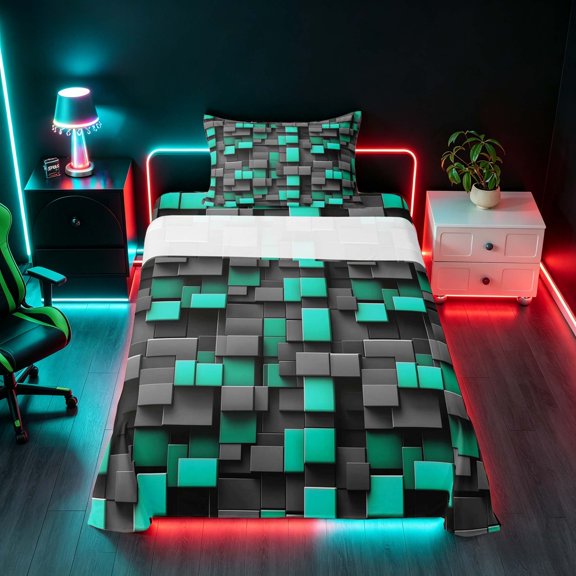 Manfei 3D Geometric Style Teal Gray Cube Twin Sheets, 3D Geometric Style Teal Gray Cube Bedding, Multicolor, Black Reversible 3 Pieces1 Flat Sheet + 1 Fitted Sheet + 1 Pillowcase