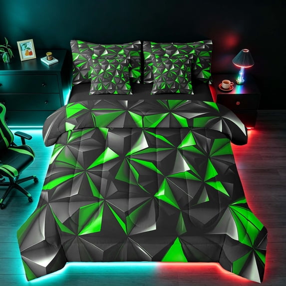 Manfei 3D Geometric Triangle King Bedding, Green Black King Bed in a Bag, Black Reversible 7 Pieces