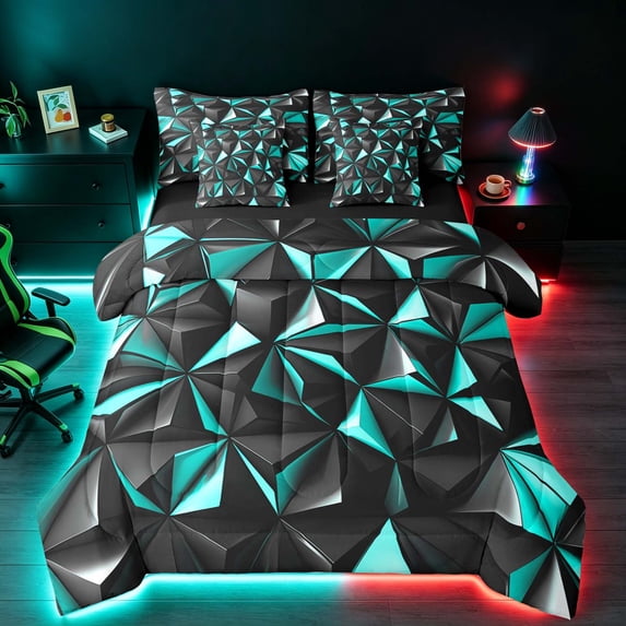 Manfei 3D Geometric Triangle Queen Bedding, Teal Black Bedding Comforter Set Queen, Black Reversible 7-Piece