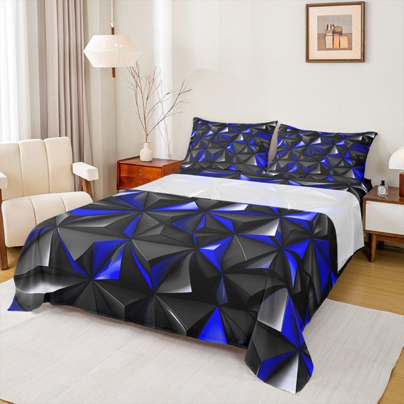 Manfei 3D Geometric Triangle Queen Sheets, Blue Black Queen Sheet Sets, Black Reversible 4pcs1 Flat Sheet + 1 Fitted Sheet + 2 Pillowcases