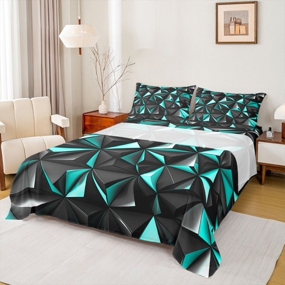 Manfei 3D Geometric Triangle Queen Sheets, Teal Black Queen Sheet Sets, Black Reversible 4 Pieces1 Flat Sheet + 1 Fitted Sheet + 2 Pillowcases