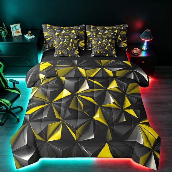 Manfei 3D Geometric Triangle Twin Bedding, Yellow Black Bedding Comforter Set, Black Reversible 7pcs