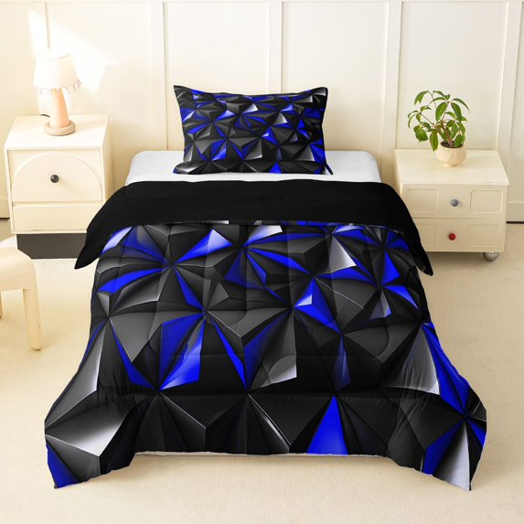 Manfei 3D Geometric Triangle Twin Comforter Sets, Blue Black Bedding Set, Black Reversible 2pcs, 1 Comforter and 1 Pillowcase