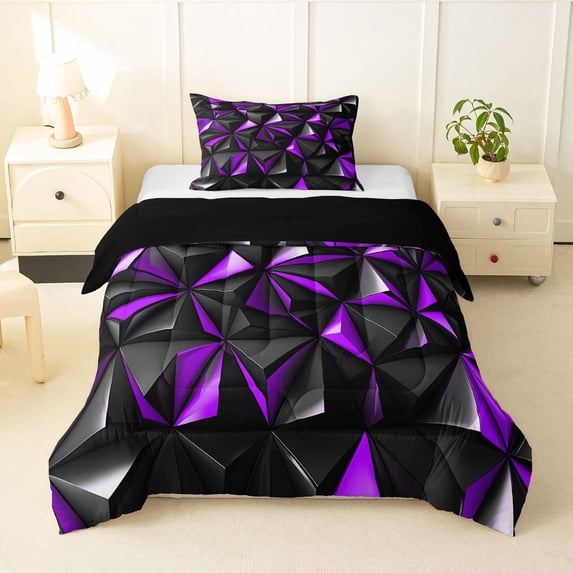 Manfei 3D Geometric Triangle Twin Comforter Sets, Purple Black Bedding Set, Black Reversible 2-Piece, 1 Comforter and 1 Pillowcase