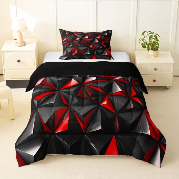 Manfei 3D Geometric Triangle Twin Comforter Sets, Red Black Bedding Set, Black Reversible 2 Pieces, 1 Comforter and 1 Pillowcase