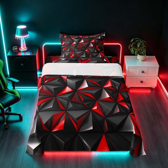 Manfei 3D Geometric Triangle Twin Sheets, Red Black Bedding, Black Reversible 3 Pieces1 Flat Sheet + 1 Fitted Sheet + 1 Pillowcase