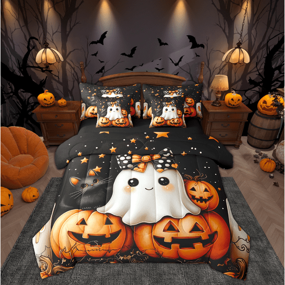 Manfei 3D Ghost Bedding Sets King Size, Orange Pumpkin Bed in a Bag King size, Gothic Halloween Reversible Comforter Sets with Sheets, Ultra Soft Bedroom Decorative, 7pcs
