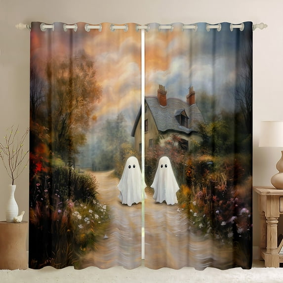 Manfei 3D Ghost Blackout Curtains Set of 2 (52x84 Each) for Kids, Vintage Halloween Window Curtains, Countryside Road Curtains and Drapes, Curtains and Drapes Decor