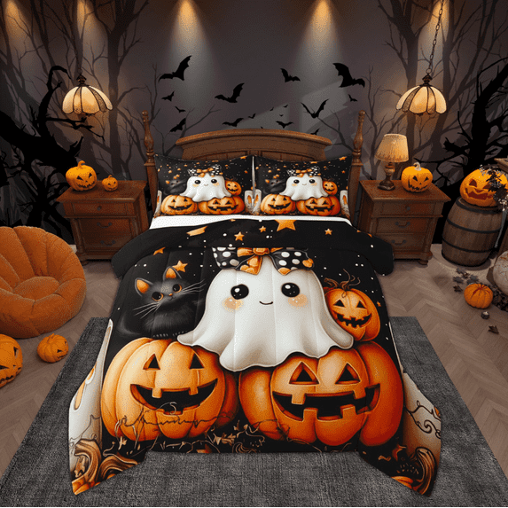 Manfei 3D Ghost Comforter Sets Queen Size, Orange Pumpkin Down Comforter, Gothic Halloween Reversible Bedding Queen Comforter Set, Ultra Soft Bedroom Decorative, 3pcs