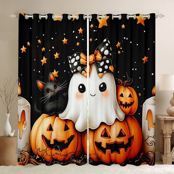 Manfei 3D Ghost Curtains for Living Room, Orange Pumpkin Blackout Curtains Set of 2 (42x63), Gothic Halloween Curtains and Drapes (42x63), Ultra Soft Bedroom Decorative