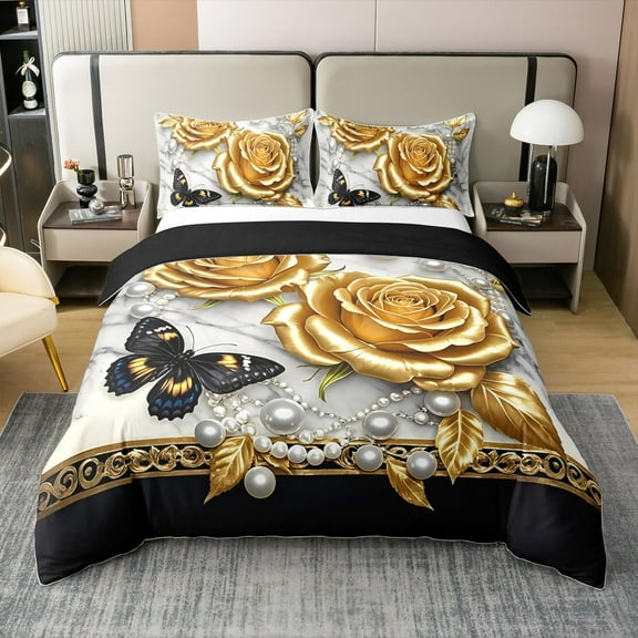 Manfei 3D Gold Rose Floral 100% Cotton Duvet Cover Queen Size for Girls, Chic Butterfly Bedding Sets Queen Size, Luxury Pearl Print Bed Set, Lightweight Bedroom Decoration