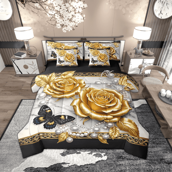 Manfei 3D Gold Rose Floral 7pcs Bedding Full Size for Girls, Chic Butterfly Comforter Sets with Sheets, Luxury Pearl Print Bed Set, Lightweight Bedroom Decoration
