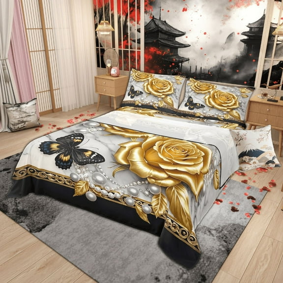 Manfei 3D Gold Rose Floral Bed Sheets Twin for Girls, Chic Butterfly Bedding Twin Size, Luxury Pearl Print Bedroom Set, Lightweight Bedroom Decoration, Top Sheet + Fitted Sheet + Pillowcase