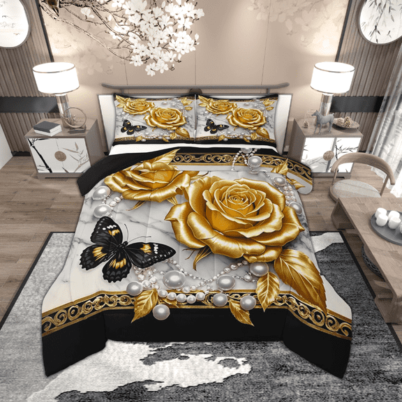 Manfei 3D Gold Rose Floral Bedding Sets Twin with Comforter for Girls, Chic Butterfly Duvet Insert, Luxury Pearl Print Comforter Sets Twin Size, Lightweight Bedroom Decoration, 2pcs Reversible