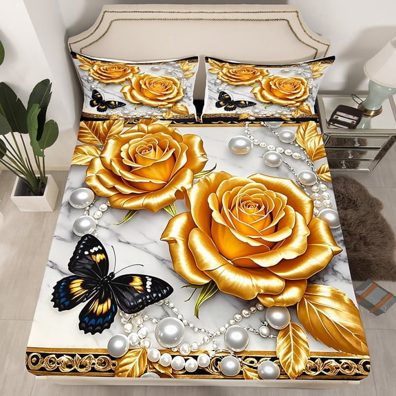 Manfei 3D Gold Rose Floral Fitted Sheet Set Full for Girls, Chic Butterfly Bedroom Set, Luxury Pearl Print Bedroom Accessories, Lightweight Bedroom Decoration, 3-Piece