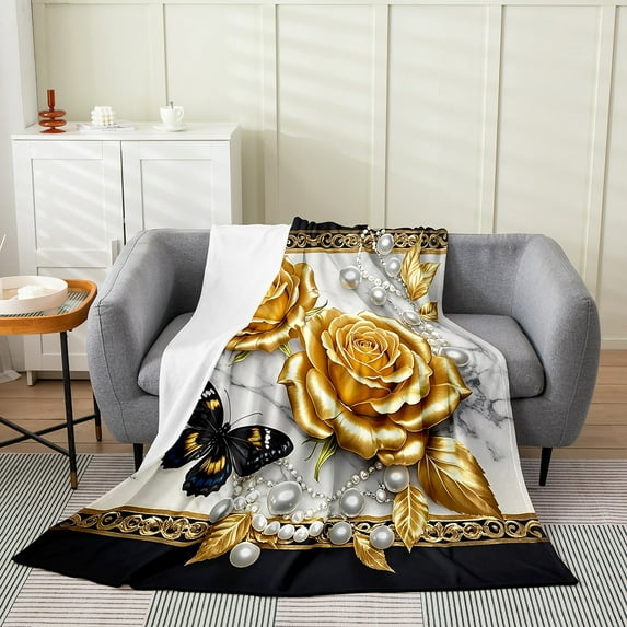 Manfei 3D Gold Rose Floral Flannel Blanket 30x40 for Girls, Chic Butterfly Sherpa Throw, Luxury Pearl Print Plush Throw Blanket, Lightweight Bedroom Decoration