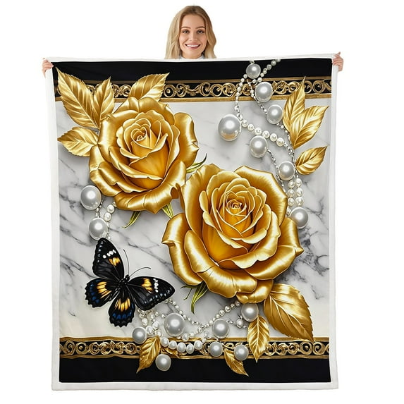 Manfei 3D Gold Rose Floral Fleece Blanket 30x40 for Girls, Chic Butterfly Sherpa Throw, Luxury Pearl Print Plush Throw Blanket, Lightweight Bedroom Decoration