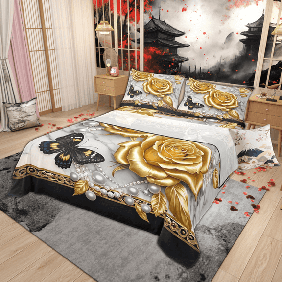 Manfei 3D Gold Rose Floral King Sheet Sets for Girls, Chic Butterfly Bedding King Size, Luxury Pearl Print Fitted Sheet, Lightweight Bedroom Decoration, 4 Pieces