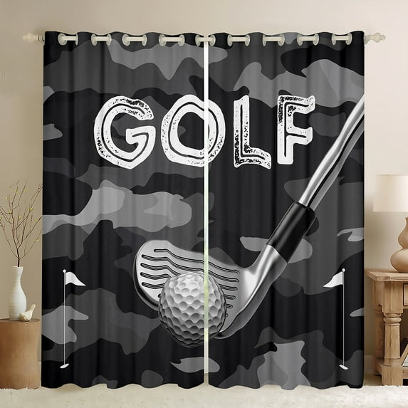Manfei 3D Golf Curtains Pack of 2 (42x84 Each) for Child, Modern Sports Lover Curtains Blackout, Black Grey Camouflage Bedroom Curtains, Curtains Blackout Bedroom Decor