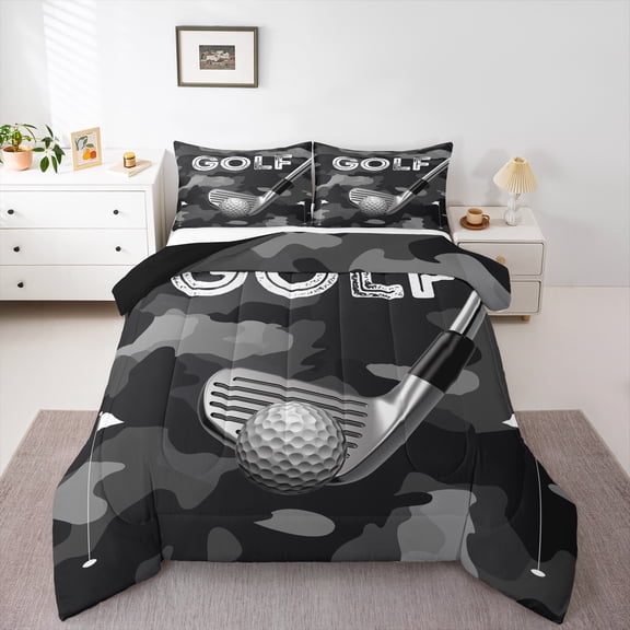 Manfei 3D Golf Queen Comforter Set for Child, Modern Sports Lover Bedding Comforter Set, Black Grey Camouflage Reversible Bedding Set, Microfiber Bedroom Decor, 3 Pieces