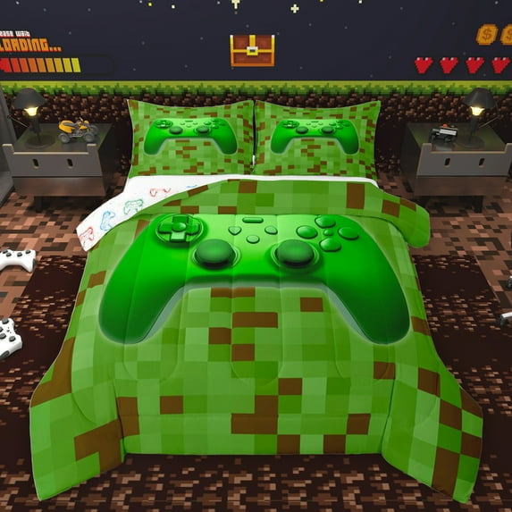 Homewish 3D Green Gamepad Full Size Comforter Sets for Boys, Cartoon Square Abstract Bedding Comforter Set, Cartoon Building Gamers Reversible Bedding Sets, Breathable Home Decor, 3 Pieces