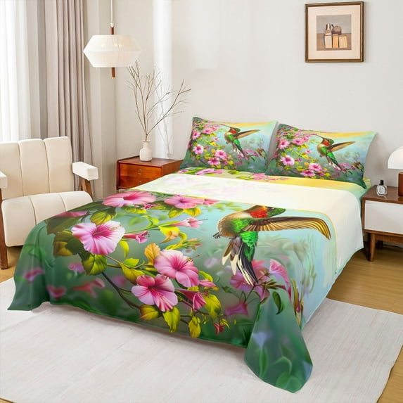 Manfei 3D Green Hummingbird Bed Sheets, Pink Cherry Blossoms Floral King Sheets, Teens Adult Girls Women Sheet Set, Breathable Home Decor, 4-Piece