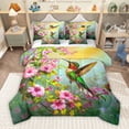 thumbnail image 1 of Homewish 3D Green Hummingbird Bedding Comforter Set 7pcs, Pink Cherry Blossoms Floral Queen Bedding Sets, Teens Adult Girls Women Reversible Queen Sheet Sets, Breathable Home Decor, 1 of 7
