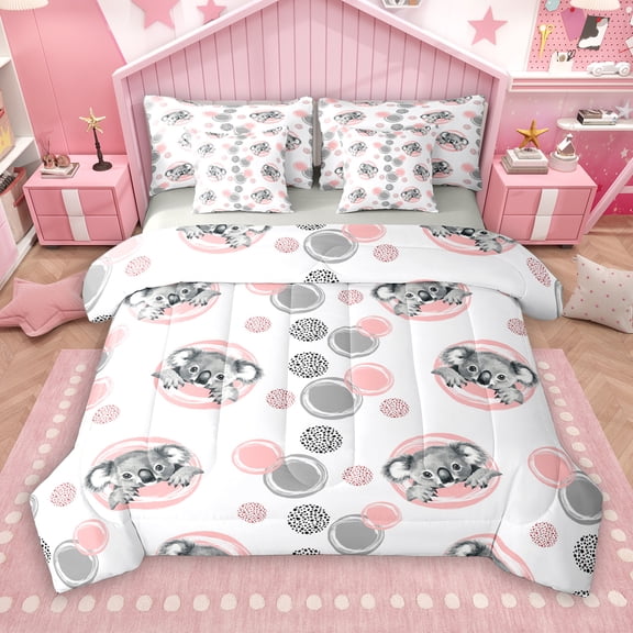 Manfei 3D Grey Koala 7 Pieces Bedding Comforter Set, Cartoon Cycle Abstract Full Bedding Set, Kawaii Cute Animal Reversible Fitted Sheet Flat Sheet, Microfiber Bedroom Decor