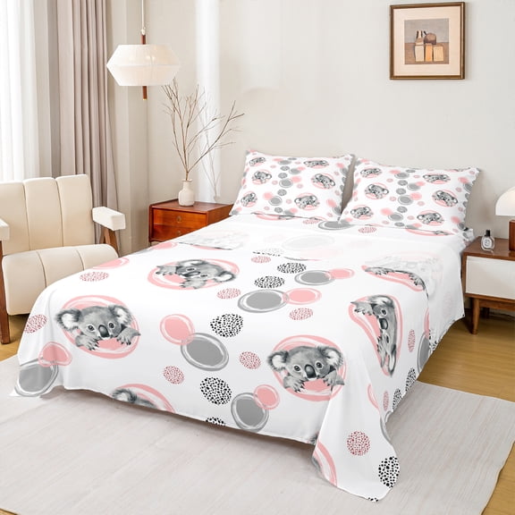 Manfei 3D Grey Koala Bed Sheets, Cartoon Cycle Abstract King Sheets, Kawaii Cute Animal Sheet Set, Microfiber Bedroom Decor, 4pcs