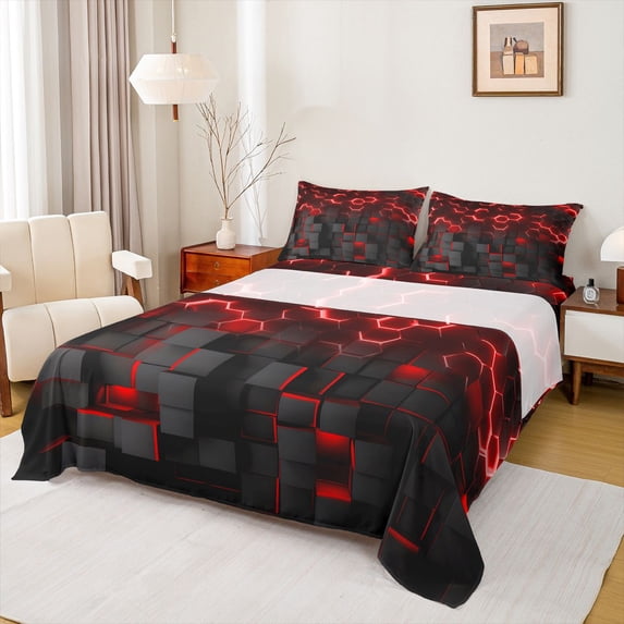 Manfei 3D Hexagon Neon Light Bed Sheets, Red Glowing Cube Fuul Size Sheets, Red Black, Black Reversible 4-Piece1 Flat Sheet + 1 Fitted Sheet + 2 Pillowcases