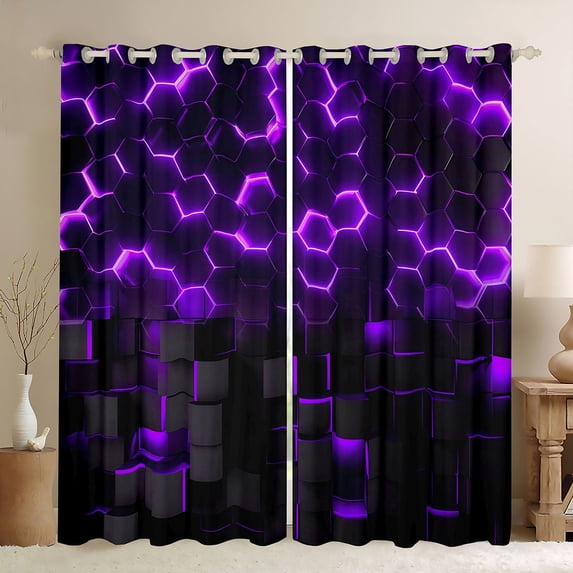 Manfei 3D Hexagon Neon Light Blackout Curtains, Purple Glowing Cube Curtains Pack of 2 (42x84 Each), Purple Black