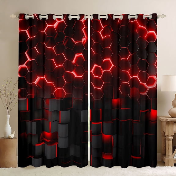 Manfei 3D Hexagon Neon Light Blackout Curtains Set of 2 (52x84 Each), Red Glowing Cube Curtain, Red Black