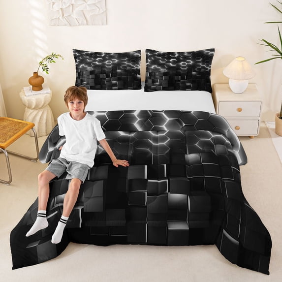 Manfei 3D Hexagon Neon Light Full Size Comforter Sets, White Glowing Cube Bedding Comforter Set, White Black, Black Reversible 3-Piece, 1 Comforter and 2 Pillowcases
