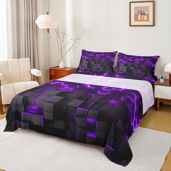 Manfei 3D Hexagon Neon Light Queen Sheets, Purple Glowing Cube Queen Sheet Sets, Purple Black, Black Reversible 4 Pieces1 Flat Sheet + 1 Fitted Sheet + 2 Pillowcases