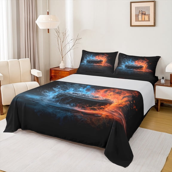 Manfei 3D Hockey Bed Sheets 4pcs for Teen Boys, Ice and Fire King Sheets, Sports Themed Sheet Set, Microfiber Bedroom Decor