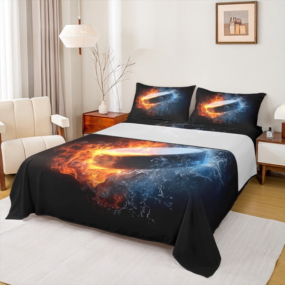 Manfei 3D Hockey Bed Sheets 4pcs for Teen Boys, Ice and Fire King Sheets, Sports Themed Sheet Set, Super Cozy Room Decor