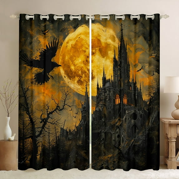Manfei 3D Horror Castle Child Blackout Curtains Set of 2 (52x84 Each), Happy Halloween Window Curtains, Vintage Western Festival Curtains and Drapes, Living Room Curtains Decor