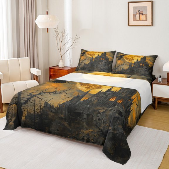 Manfei 3D Horror Castle Child Twin Sheet Sets, Happy Halloween Twin Fitted Sheet, Vintage Western Festival Flat Sheet, Breathable Home Decor, 3-Piece