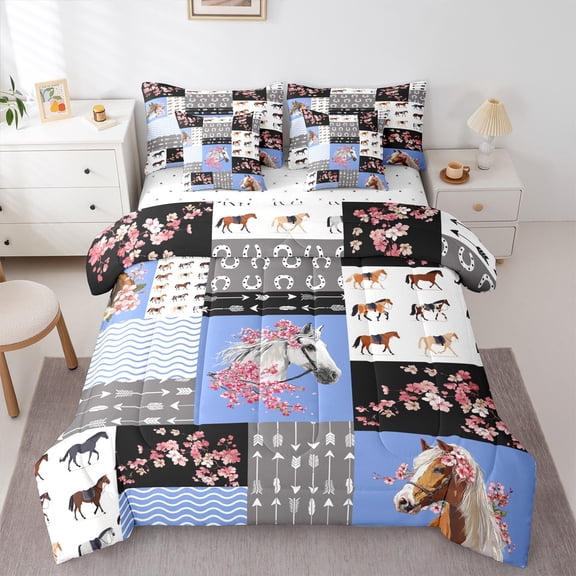Manfei 3D Horse Child Bedding Comforter Set 7-Piece, Rustic Farmhouse Patchwork King Bedding Sets, Blossoms Flower Floral Reversible Bed Sheets, Microfiber Bedroom Decor