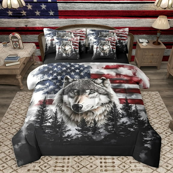 Homewish 3D Jungle Wolf Bedding Comforter Set 7pcs, Retro American Flag King Bedding Sets, Western Countryside Reversible Bed Sheets, Microfiber Bedroom Decor