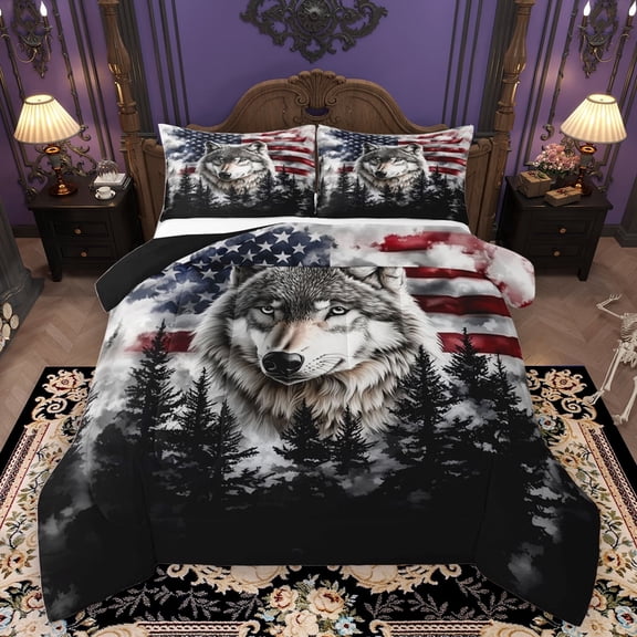 Homewish 3D Jungle Wolf Bedding Comforter Set, Retro American Flag Twin Comforter Sets, Western Countryside Reversible Bedding Set, Microfiber Bedroom Decor, 2-Piece