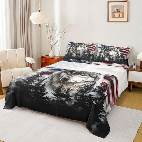 Homewish 3D Jungle Wolf Twin Sheet Sets, Retro American Flag Twin Fitted Sheet, Western Countryside Flat Sheet, Microfiber Bedroom Decor, 3-Piece