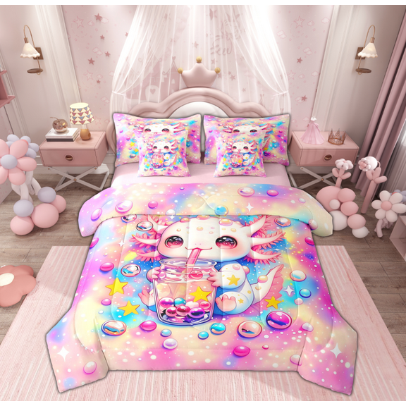 Manfei 3D Kawaii Axolotl Bedding Comforter Set 7-Piece for Teens, Boba Milk Tea King Bedding Sets, Mystic Stars Galaxy Reversible Bed Sheets, Super Cozy Room Decor