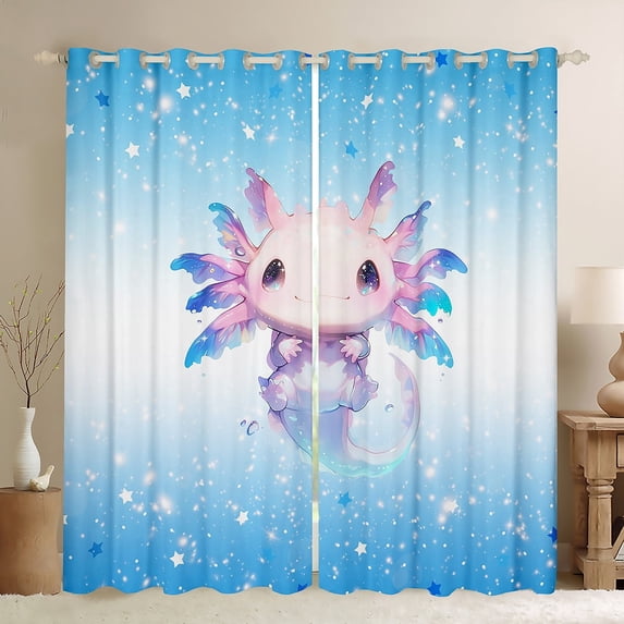 Manfei 3D Kawaii Axolotl Blackout Curtains Set of 2 (52x84 Each) for Kids, Dreamy Blue Stars Print Window Curtains, Dreamy Animal Curtains and Drapes, Curtains and Drapes Bedroom Decor